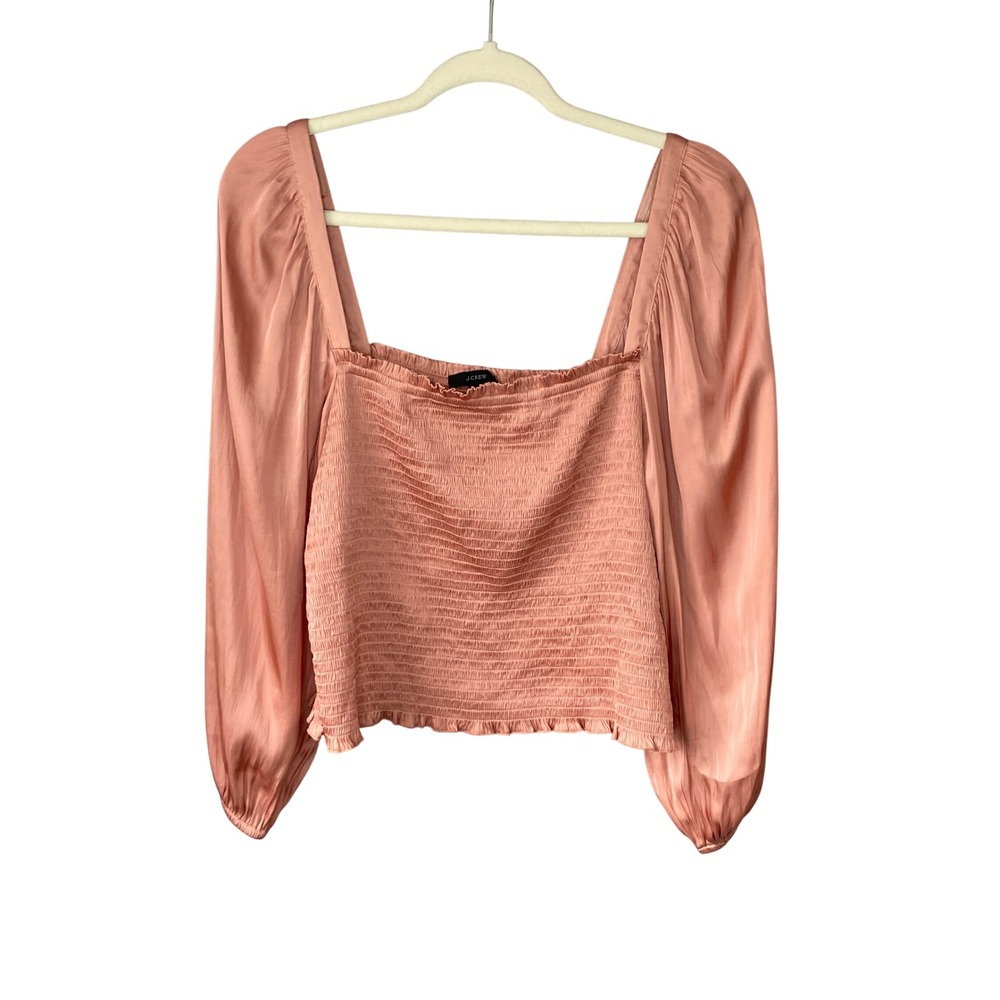 J.Crew‎ Smocked Balloon Sleeve Square Neck Top Dusty Rose Pink Satin Large